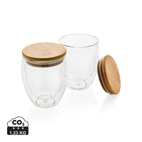 Set de 2 verres double paroi 250ml avec couvercle en bambou | Verre pas cher