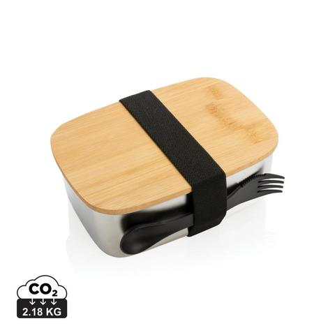 Boîte à Lunch en acier avec couvercle en bambou et cuichette | Lunchbox,boite pas cher