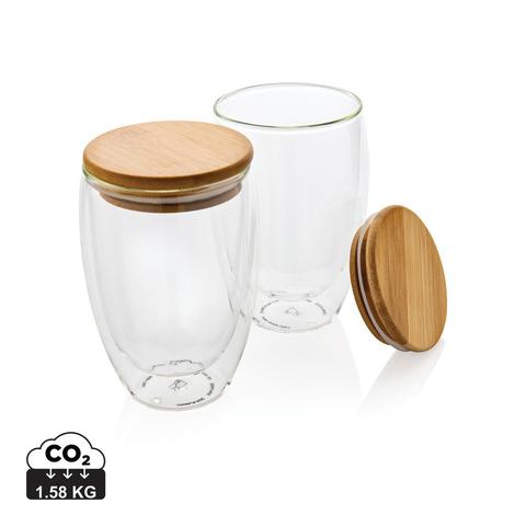 Set de 2 Verres double paroi 350ml avec couvercle en bambou | Verre pas cher