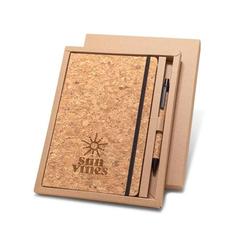Vue Bloc-notes A5 et biros en liège - Freud de couleur beige| Krokrodeal
