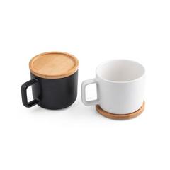 Vue générale Tasse en céramique 230 mL avec couvercle et base en bambou - Fangio | Krokrodeal