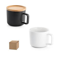Vue générale Tasse en céramique 230 mL avec couvercle et base en bambou - Fangio | Krokrodeal