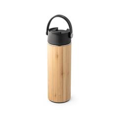 Vue Bouteille thermos 440mL en bambou, acier inox et PP - Laver de couleur noir| Krokrodeal