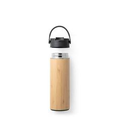 Vue Bouteille thermos 440mL en bambou, acier inox et PP - Laver de couleur noir| Krokrodeal