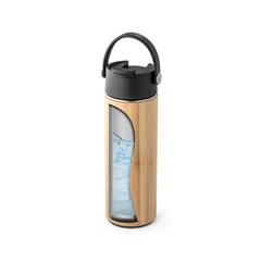Vue Bouteille thermos 440mL en bambou, acier inox et PP - Laver de couleur noir| Krokrodeal