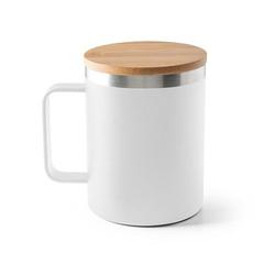 Vue Mug en acier inoxydable recyclé à 90% avec couvercle en bambou 420 mL - Lauda de couleur blanc| Krokrodeal