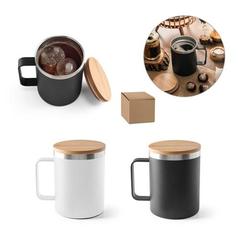 Vue générale Mug en acier inoxydable recyclé à 90% avec couvercle en bambou 420 mL - Lauda | Krokrodeal