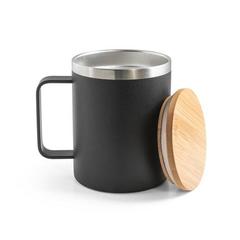 Vue Mug en acier inoxydable recyclé à 90% avec couvercle en bambou 420 mL - Lauda de couleur noir| Krokrodeal