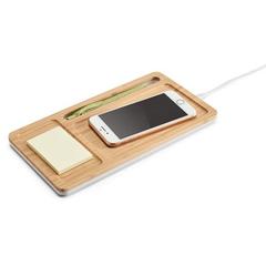 Vue Organiseur de bureau en bambou avec chargeur sans fil - Mott de couleur beige| Krokrodeal