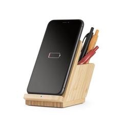 Vue Chargeur sans fil en bambou - Leavitt de couleur beige| Krokrodeal