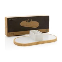 Vue Chargeur 10W en plastique recyclé RCS et bambou Ontario de couleur blanc| Krokrodeal