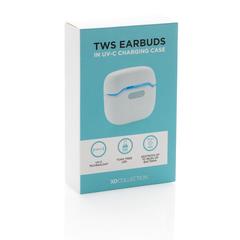 Vue Ecouteurs TWS dans un boîtier de chargement et stérilisation de couleur blanc| Krokrodeal