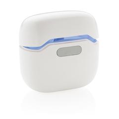 Vue Ecouteurs TWS dans un boîtier de chargement et stérilisation de couleur blanc| Krokrodeal