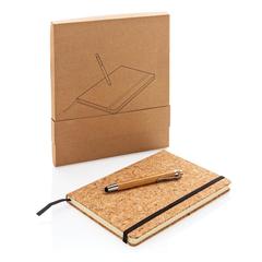 Vue Carnet de notes en liège avec stylo en bambou A5 de couleur marron| Krokrodeal