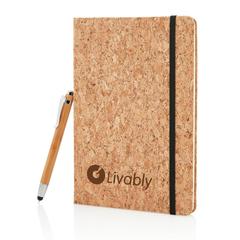 Vue Carnet de notes en liège avec stylo en bambou A5 de couleur marron| Krokrodeal