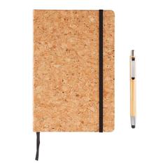Vue Carnet de notes en liège avec stylo en bambou A5 de couleur marron| Krokrodeal