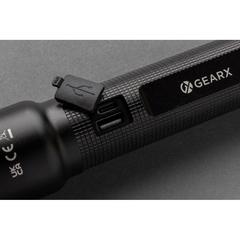 Vue Torche robuste rechargeable par USB en aluminium recyclé RCS de couleur noir| Krokrodeal