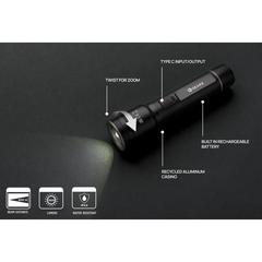 Vue Torche robuste rechargeable par USB en aluminium recyclé RCS de couleur noir| Krokrodeal