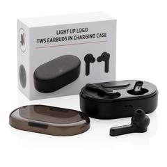 Vue Ecouteurs TWS lumineux dans son boitier de charge de couleur noir| Krokrodeal