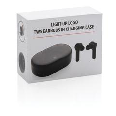 Vue Ecouteurs TWS lumineux dans son boitier de charge de couleur noir| Krokrodeal