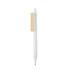 Vue Stylo en ABS recyclé GRS avec clip en bambou de couleur blanc| Krokrodeal