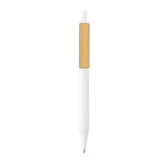 Vue Stylo en ABS recyclé GRS avec clip en bambou de couleur blanc| Krokrodeal