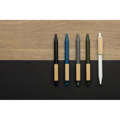 Vue Stylo en ABS recyclé GRS avec clip en bambou de couleur blanc| Krokrodeal