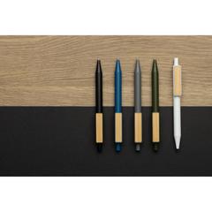 Vue Stylo en ABS recyclé GRS avec clip en bambou de couleur bleu| Krokrodeal