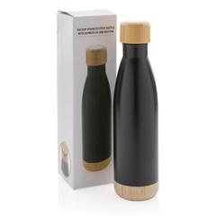 Vue Bouteille isotherme en acier avec finition bambou de couleur noir| Krokrodeal