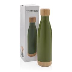 Vue Bouteille isotherme en acier avec finition bambou de couleur vert| Krokrodeal