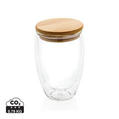 Vue Verre double paroi 350ml avec couvercle en bambou de couleur translucide| Krokrodeal