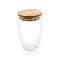 Vue Verre double paroi 350ml avec couvercle en bambou de couleur translucide| Krokrodeal