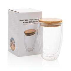 Vue Verre double paroi 350ml avec couvercle en bambou de couleur translucide| Krokrodeal