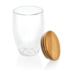 Vue Verre double paroi 350ml avec couvercle en bambou de couleur translucide| Krokrodeal