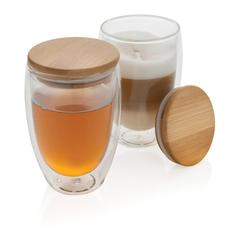 Vue Verre double paroi 350ml avec couvercle en bambou de couleur translucide| Krokrodeal