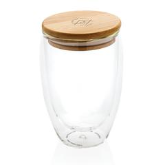 Vue Verre double paroi 350ml avec couvercle en bambou de couleur translucide| Krokrodeal