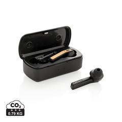 Vue Ecouteurs Flow TWS dans un boitier en bambou de couleur noir| Krokrodeal