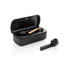 Vue Ecouteurs Flow TWS dans un boitier en bambou de couleur noir| Krokrodeal