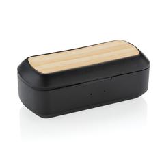 Vue Ecouteurs Flow TWS dans un boitier en bambou de couleur noir| Krokrodeal