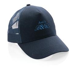 Vue Casquette filet 5 panneaux coton recyclé Impact AWARE™ de couleur bleu| Krokrodeal