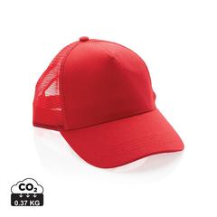 Vue Casquette filet 5 panneaux coton recyclé Impact AWARE™ de couleur rouge| Krokrodeal