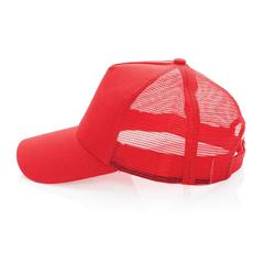 Vue Casquette filet 5 panneaux coton recyclé Impact AWARE™ de couleur rouge| Krokrodeal