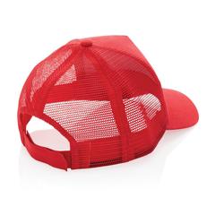Vue Casquette filet 5 panneaux coton recyclé Impact AWARE™ de couleur rouge| Krokrodeal