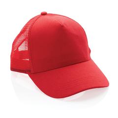 Vue Casquette filet 5 panneaux coton recyclé Impact AWARE™ de couleur rouge| Krokrodeal