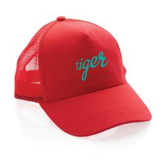 Vue Casquette filet 5 panneaux coton recyclé Impact AWARE™ de couleur rouge| Krokrodeal