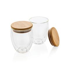 Vue Set de 2 verres double paroi 250ml avec couvercle en bambou de couleur translucide| Krokrodeal