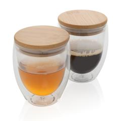 Vue Set de 2 verres double paroi 250ml avec couvercle en bambou de couleur translucide| Krokrodeal