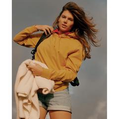 Vue Sweat à capuche en coton recyclé Iqoniq Jasper de couleur jaune| Krokrodeal