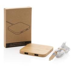Vue Chargeur sans fil 5W et USB en bambou de couleur marron| Krokrodeal