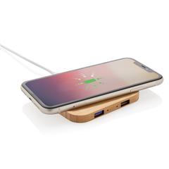 Vue Chargeur sans fil 5W et USB en bambou de couleur marron| Krokrodeal